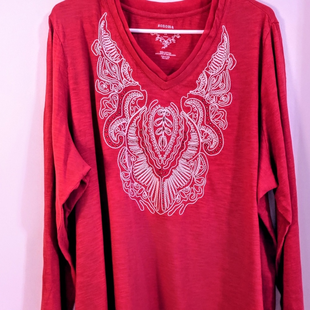 Sonoma Hot Pink Western HOLIDAY EMB. Beaded Top 2X